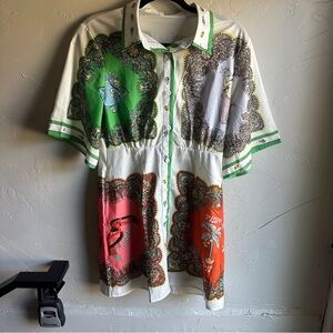 Marseille Pocketed Shirt Dress Sz M with Fish and Mermaids Linen&Poly‎ Blend